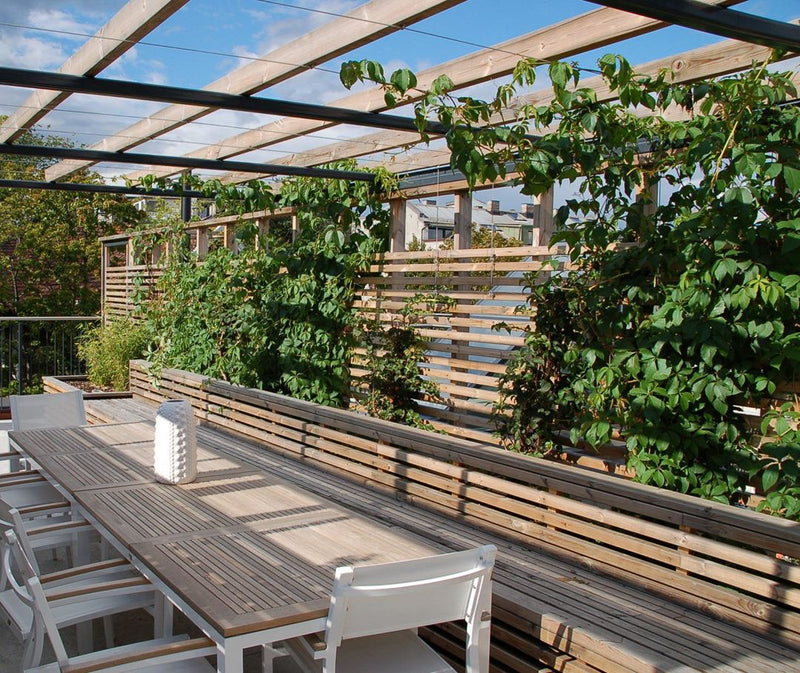 Bilde av lun uteplass. De fleste kan bygge en pergola med skjermvegg på egenhånd. Foto: Gullik Gulliksen AS